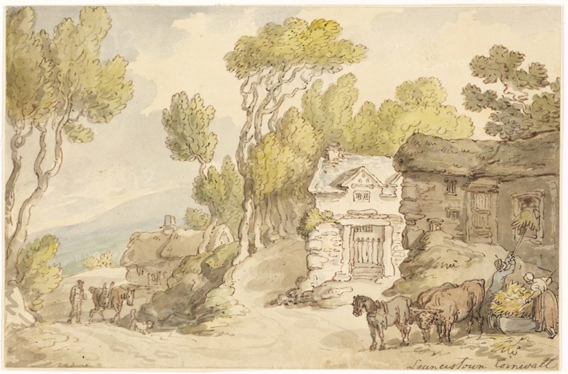 Launcetown Cornwall, c. 1789, Thomas Rowlandson, English, 1756-1827, England, Pen and brown ink with brush and watercolor, over graphite, on cream wove paper, laid down on card, 170 × 260 mm