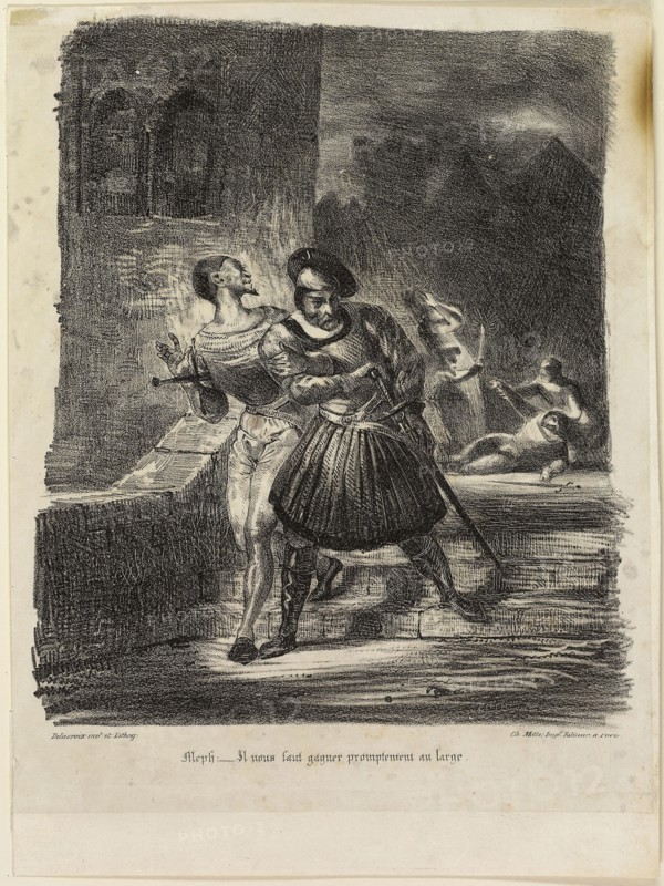 Mephistopheles and Faust Fleeing after the Duel, 1828, Eugène Delacroix, French, 1798-1863, France, Lithograph in black on white China paper laid down on white wove paper, 265 × 225 mm (image), 325 × 242 mm (sheet)