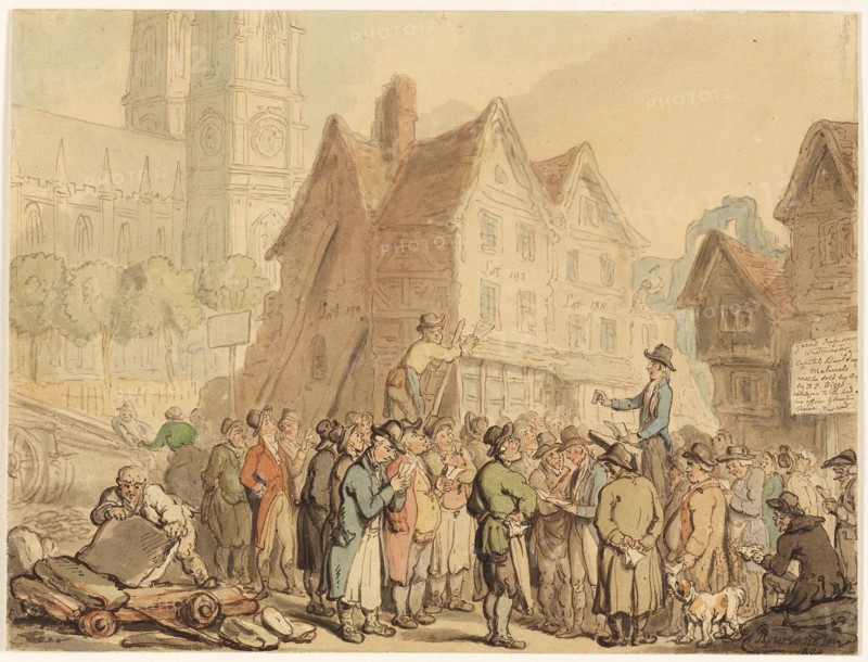 Demolition of Old Houses to the North of Westminster Abbey, 1800, Thomas Rowlandson, English, 1756-1827, England, Pen and brown ink with brush and watercolor, over traces of graphite, on tan wove paper, laid down on card, 202 × 268 mm