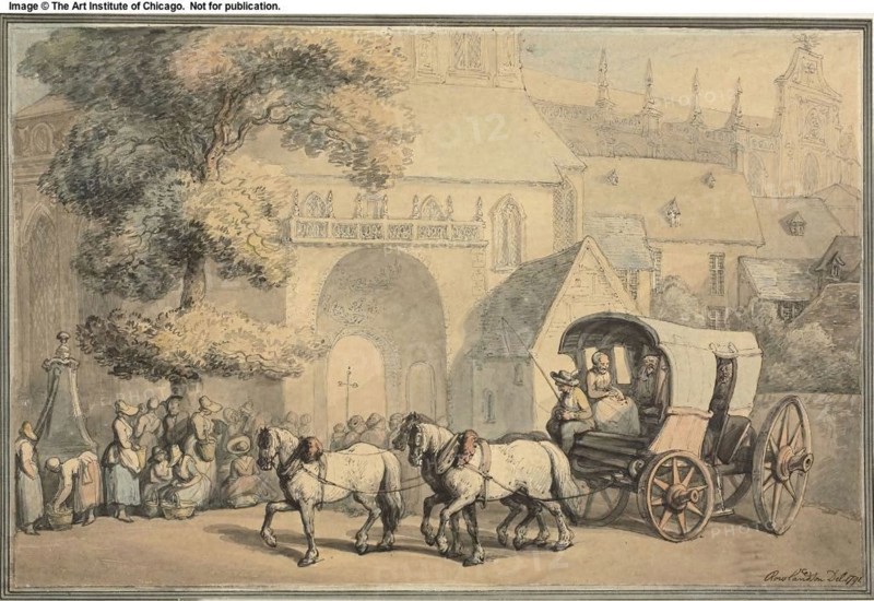 Postcart Monks and Women Near Church Door, 1791, Thomas Rowlandson, English, 1756-1827, England, Pen and gray and brown ink, with brush and watercolor, over traces of graphite, on tan wove paper, laid down on card, 250 × 383 mm