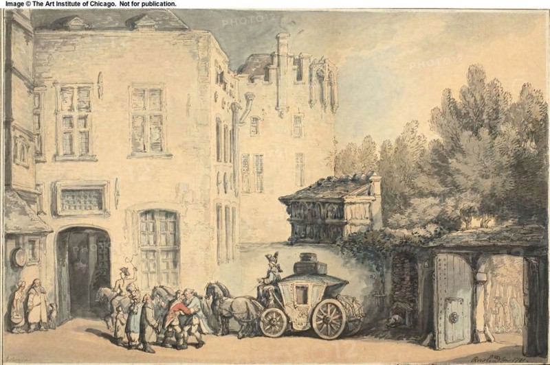 Post House in Cologne, 1791, Thomas Rowlandson, English, 1756-1827, England, Pen and gray and brown ink with brush and watercolor, over traces of graphite, on tan wove paper, laid down on card, 280 × 432 mm