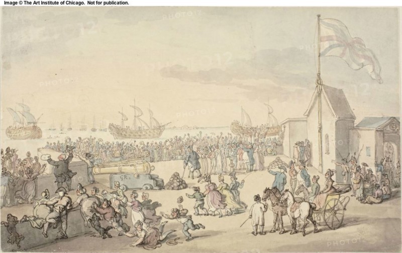 View of Prizes Taken by Lord Howe Coming in Portsmouth, July 1794, Thomas Rowlandson, English, 1756-1827, England, Pen and gray and brown ink with brush and watercolor, over traces of graphite, on ivory wove paper, laid down on ivory wove paper, 243 × 395 mm