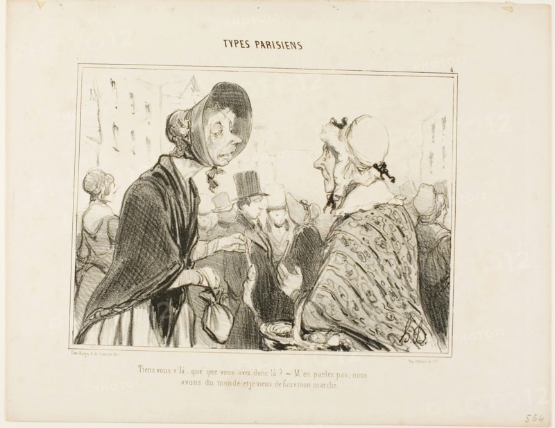 Oh, here you are….. what do you have there?….., Let’s not talk about it…. we are having guests, and I just did my shopping, plate 6 from Types Parisiens, 1839, Honoré Victorin Daumier, French, 1808-1879, France, Lithograph in black on white wove paper, 177 × 239 mm (image), 265 × 341 mm (sheet)