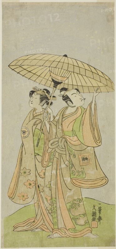 The Actors Ichikawa Komazo II as Chunagon Yukihira (right), and Iwai Hanshiro IV as Murasame (left), in the Play Kuni no Hana Ono no Itsumoji, Performed at the Nakamura Theater in the Eleventh Month, 1771, c. 1771, Ippitsusai Buncho, Japanese, active c. 1755-90, Japan, Color woodblock print, hosoban, 32.3 x 14.8 cm (12 3/4 x 5 7/8 in.)