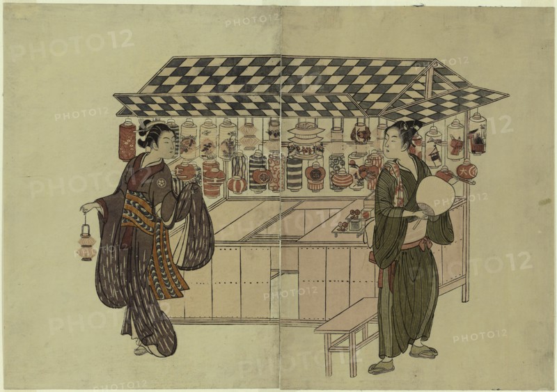 The Lantern Shop, c. 1765, Attributed to Suzuki Harunobu ?? ??, Japanese, 1725 (?)–1770, Japan, Color woodblock print, chuban diptych, 27.0 x 38.8 cm (10 1/2 x 15 in.)