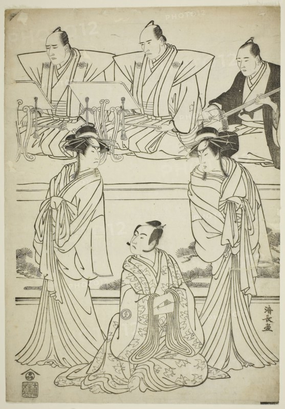 The Actors Segawa Kikunojo III as the ghost of Yatsuhashi, Sawamura Sojuro III as Soga no Juro, and Ichikawa Danjuro V as the ghost of Seigen, in the play Sono Omokage Matsu ni Sakura, performed at the Nakamura Theater in the first month, 1783, 1783, Torii Kiyonaga, Japanese, 1752-1815, Japan, Woodblock print, oban, keyblock proof impression, 37.3 x 25.8 cm (14 11/16 x 10 3/16 in.)