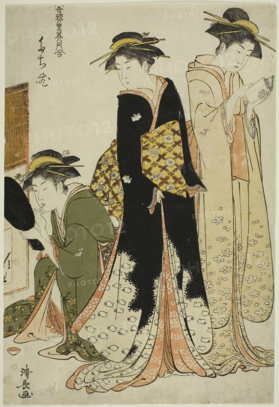 Entertainers of the Tachibana, from the series A Collection of Contemporary Beauties of the Pleasure Quarters (Tosei yuri bijin awase), c. 1784, Torii Kiyonaga, Japanese, 1752-1815, Japan, Color woodblock print, oban, 35.9 x 24.3 cm