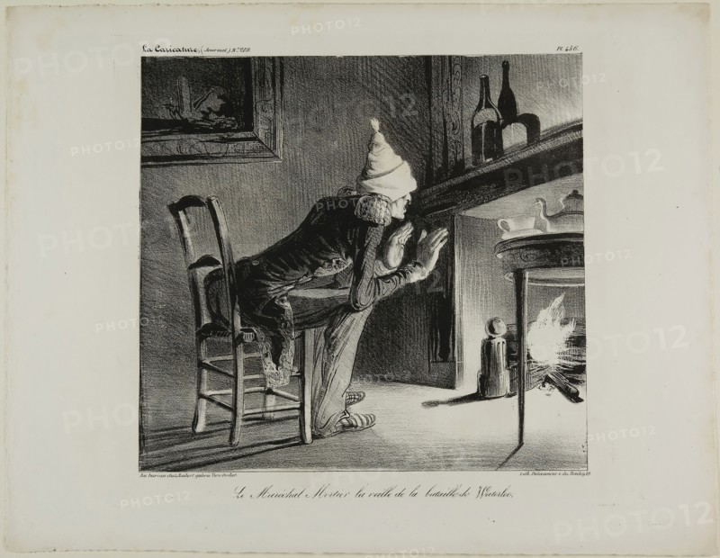 General Mortier, the evening before the battle of Waterloo, plate 456, 1835, Honoré Victorin Daumier, French, 1808-1879, France, Lithograph in black on ivory wove paper, 206 × 221 mm (image), 272 × 350 mm (sheet)