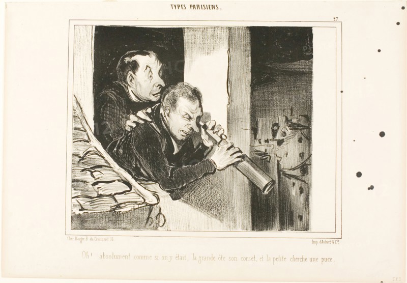 Oh! It is as if we were there: the tall one opens her corset and the little one is looking for a flea!, plate 27 Types Parisiens, 1840, Honoré Victorin Daumier, French, 1808-1879, France, Lithograph in black on white wove paper, 190 × 242 mm (image), 246 × 356 mm (sheet)