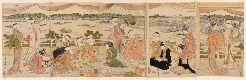 Recital on a verandah overlooking Sumida River, c. 1790/95, Utagawa Toyokuni I ?? ?? ??, Japanese, 1769–1825, Japan, Color woodblock print, oban pentaptych, each sheet approx. 38.7 x 25.4 cm (15 1/4 x 10 in.)
