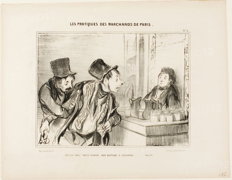 Everything is Paid for? And We Didn’t Insult Anyone… Bye, plate 31 from Types Parisiens, 1839, Honoré Victorin Daumier, French, 1808-1879, France, Lithograph in black on white wove paper, 173 × 230 mm (image), 267 × 342 mm (sheet)