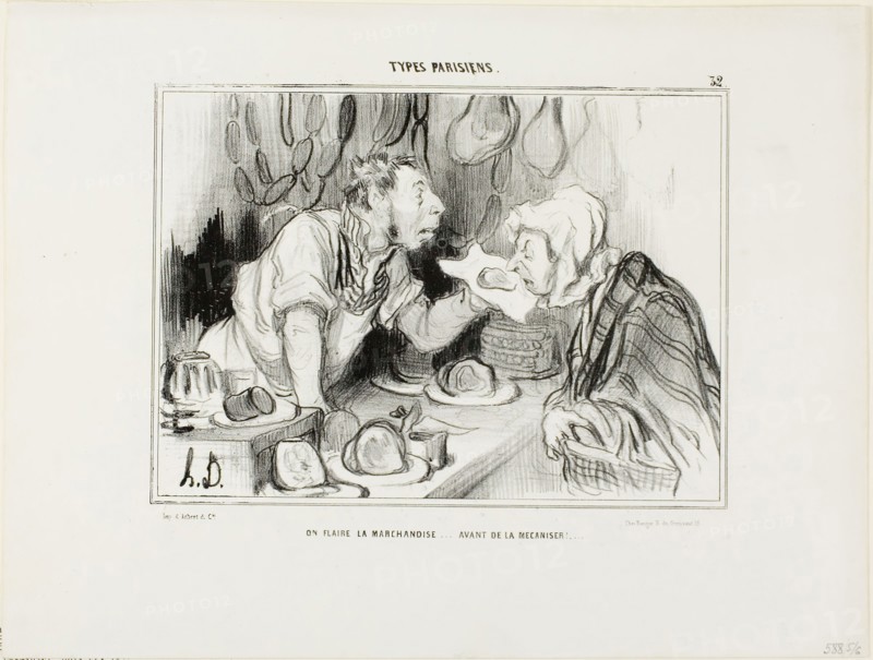 You Sniff the Merchandise… Before Buying It, plate 32 from Types Parisiens, 1839, Honoré Victorin Daumier, French, 1808-1879, France, Lithograph in black on white wove paper, 167 × 229 mm (image), 259 × 344 mm (sheet)