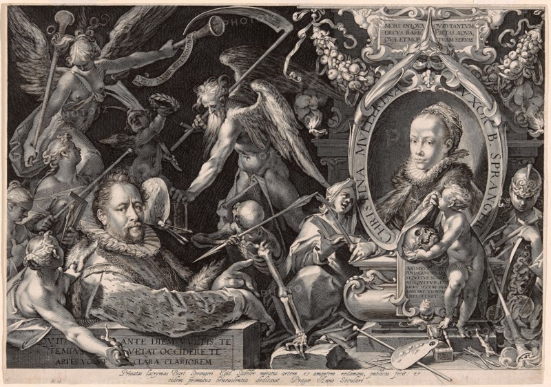 Portrait of Bartolomaeus Spranger with an Allegory of the Death of His Wife, Christina Müller, 1600, Aegidius Sadeler, Flemish, c. 1570-1629, Holland, Engraving with etching in black on ivory laid paper, 293 x 416 mm (image/sheet, trimmed within plate mark)