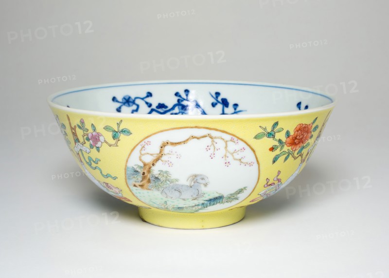 Bowl with Six Goats, Qing dynasty (1644–1911), Daoquang reign mark and period (1821–1850), China, Porcelain painted in underglaze blue and overglaze enamels, H. 6.4 cm (2 1/2 in.), diam. 15.3 cm (6 in.)