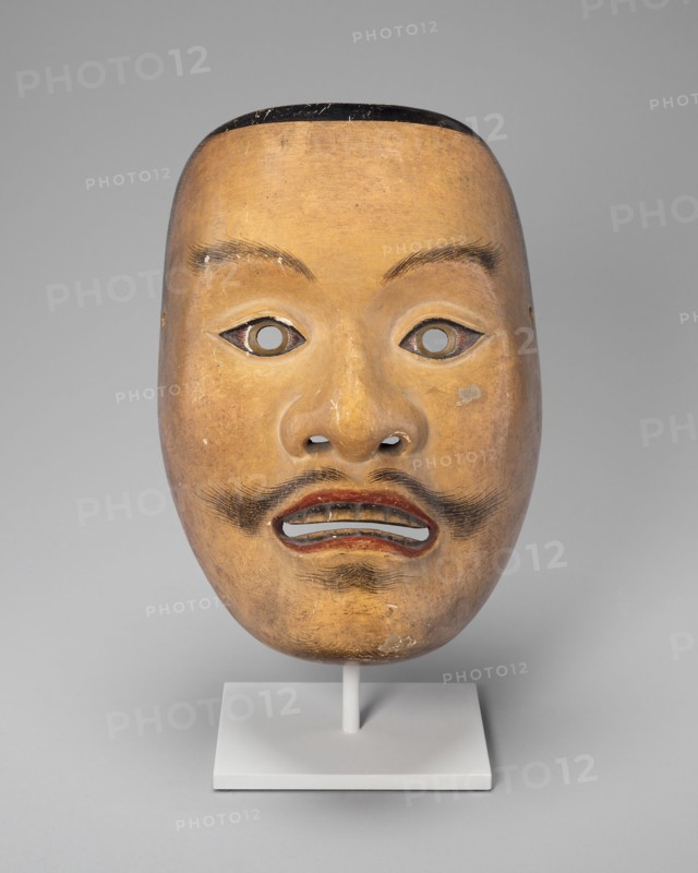 Mikazuki (male deity) Noh mask, 16th century, Japan, Japanese cypress, colors, and brass