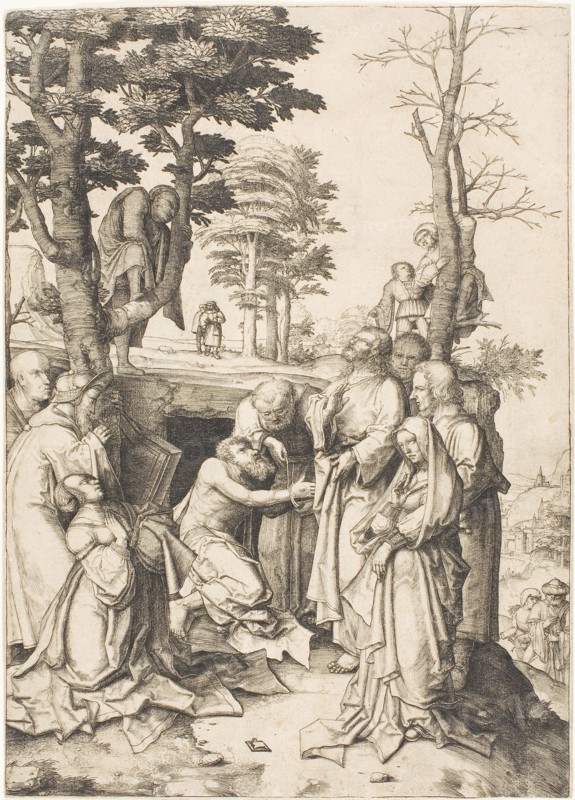 The Raising of Lazarus, c. 1507, Lucas van Leyden, Netherlandish, c. 1494-1533, Netherlands, Engraving in black on cream laid paper, 280 x 200 mm (image), 283 x 203 mm (sheet, trimmed within plate mark)