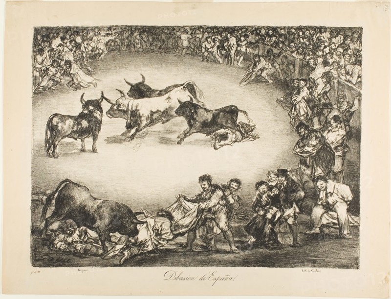 Spanish Entertainment, from The Bulls of Bordeaux, 1825, Francisco José de Goya y Lucientes, Spanish, 1746-1828, Spain, Lithographic crayon and scraper on light tan wove paper, 301 x 406 mm (image), 366 x 478 mm (sheet)