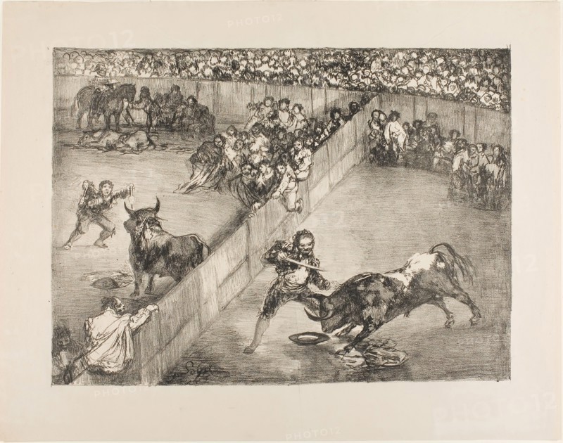 Bullfight in a divided ring, from The Bulls of Bordeaux, 1825, Francisco José de Goya y Lucientes, Spanish, 1746-1828, Spain, Lithographic crayon and scraper on light tan wove paper, 304 x 413 mm (image), 396 x 506 mm (sheet)