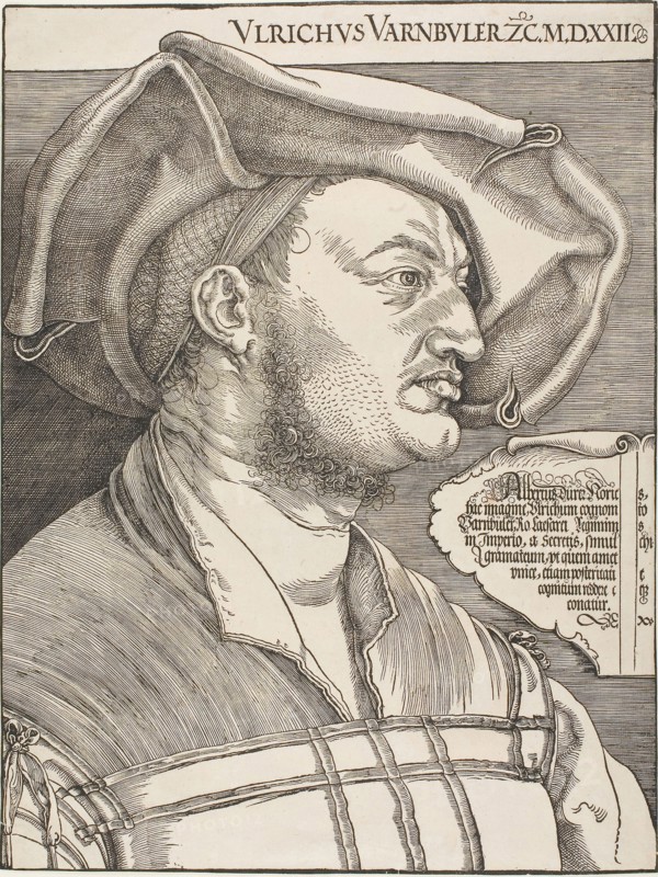 Portrait of Ulrich Varnbüler, 1522, Albrecht Dürer, German, 1471-1528, Germany, Woodcut in black on ivory laid paper, 433 x 327 mm