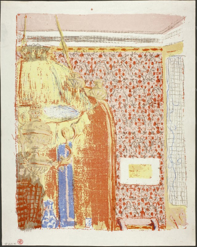 Interior with Pink Wallpaper II, plate six from Landscapes and Interiors, 1899, Edouard Vuillard (French, 1868-1940), printed by Auguste Clot (French, 1858-1936), published by Ambroise Vollard (French, 1867-1939), France, Color lithograph on grayish-ivory China paper, 354 × 284 mm (image), 392 × 311 mm (sheet)