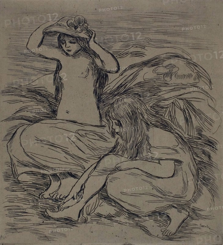 Two Women Bathing, c. 1895, Pierre Auguste Renoir, French, 1841-1919, France, Etching on tan wove paper, 262 × 242 mm (image), 262 × 242 mm (print), 478 × 397 mm (sheet)