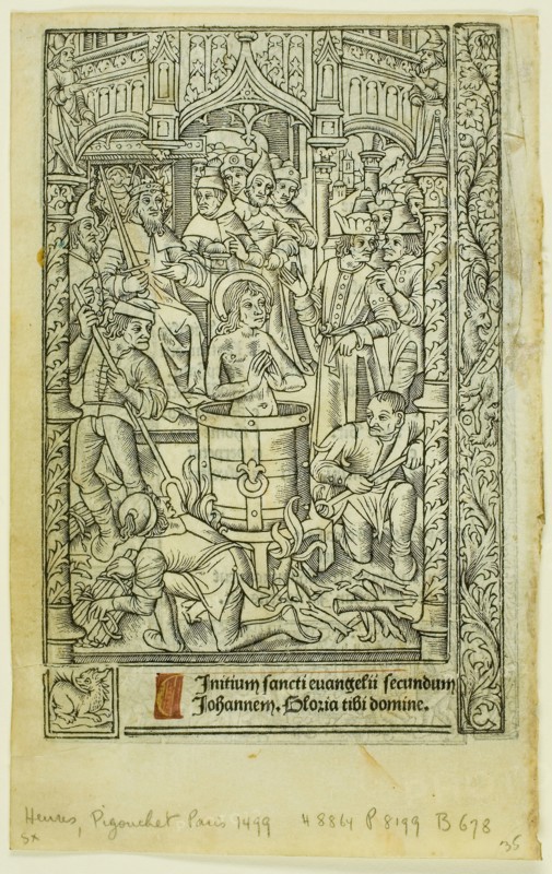 The Martyrdom of Saint John the Evangelist (recto), and December Calendar (verso), from Book of Hours, 1496/97, Philippe Pigouchet (French, active 1488-1518), published by Simon Vostre (French, active 1486–1518), France, Metalcut and letterpress in black with rubrication (recto/verso) on vellum, 136 × 88 mm