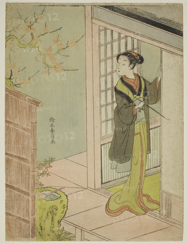 Beauty Admiring a Bush Warbler Singing in a Plum Tree, c. 1767/68, Suzuki Harunobu ?? ??, Japanese, 1725 (?)-1770, Japan, Color woodblock print, chuban, 27.8 x 20.7 cm (11 x 8 1/8 in.)