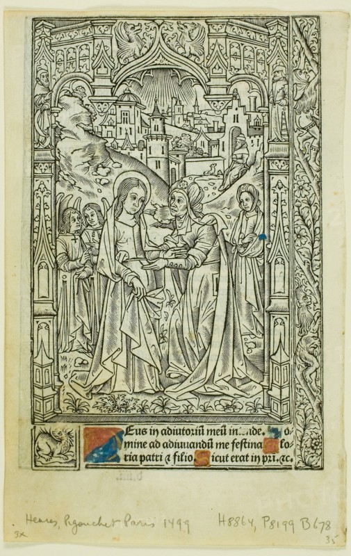 Visitation, from Book of Hours, n.d., Philippe Pigouchet (French, active 1488-1518), published by Simon Vostre (French, active 1486–1518), France, Woodcut, with hand-coloring, in black on paper, 138 × 88 mm