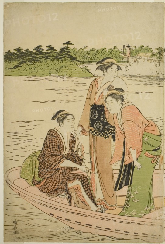 Ferry on the Rokugo River, c. 1784, Torii Kiyonaga, Japanese, 1752-1815, Japan, Color woodblock print, left sheet of oban diptych, 38.8 x 25.8 cm