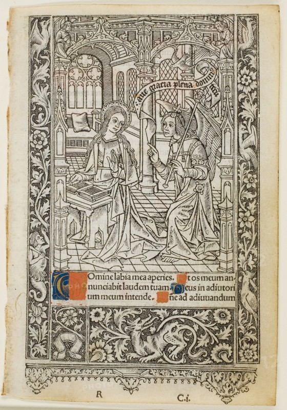 Annunciation, from the Book of Hours, n.d., Thielmann Kerver, German, active 1497-1524, Germany, Woodcut (or solf metal relief cut) in black, with hand-coloring, on parchment, 153 x 91 mm