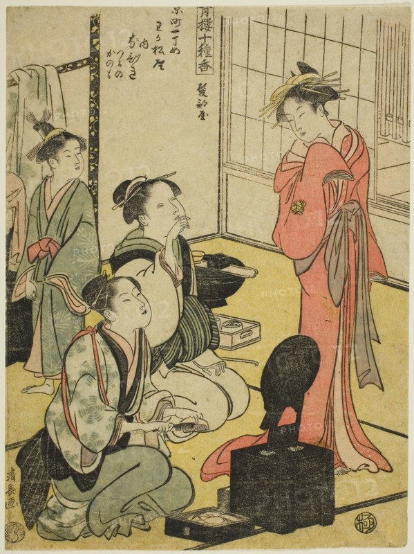 Hairdressing Room (Kamibeya), from the series Ten Kinds of Incense in the Pleasure Quarters (Seiro jisshu ko), c. 1793/94, Torii Kiyonaga, Japanese, 1752-1815, Japan, Color woodblock print, chuban, 24.9 x 18.4 cm