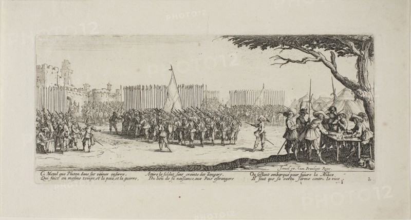 Recruitment of Troops, plate two from The Miseries of War, 1633, Jacques Callot (French, 1592-1635), published by Israël Henriet (French, 1590-1661), France, Etching on paper, 81.5 × 187 mm (plate), 119 × 223 mm (sheet)