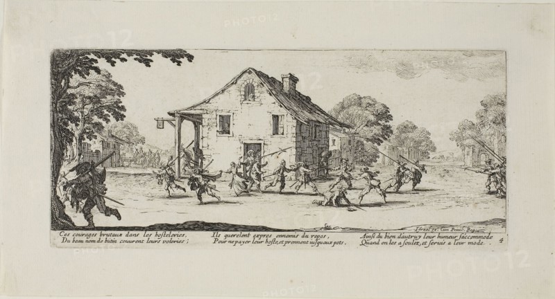 Scene of Pillage, plate four from The Miseries of War, 1633, Jacques Callot (French, 1592-1635), published by Israël Henriet (French, 1590-1661), France, Etching on paper, 82 × 187 mm (plate), 121 × 226 mm (sheet)