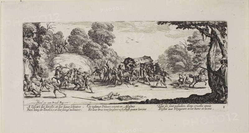 Attack on the Coach, plate eight from The Miseries of War, 1633, Jacques Callot (French, 1592-1635), published by Israël Henriet (French, 1590-1661), France, Etching on paper, 82 × 185.5 mm (plate), 119 × 223 mm (sheet)