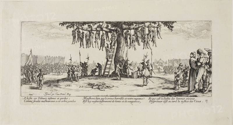 The Hanging, plate eleven from The Miseries of War, 1633, Jacques Callot (French, 1592-1635), published by Israël Henriet (French, 1590-1661), France, Etching on paper, 82 × 185 mm (plate), 120 × 223 mm (sheet)