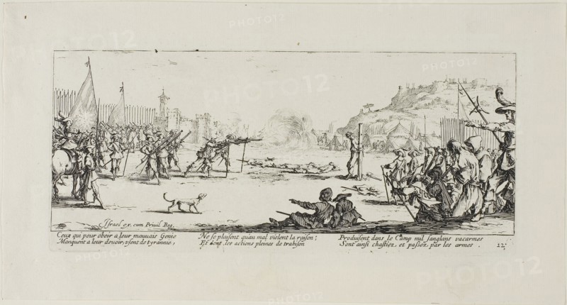 The Firing Squad, plate twelve from The Miseries of War, 1633, Jacques Callot (French, 1592-1635), published by Israël Henriet (French, 1590-1661), France, Etching on paper, 81 × 186.5 mm (plate), 120 × 223 mm (sheet)