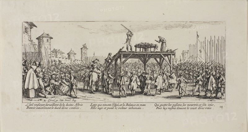 The Wheel, plate fourteen from The Miseries of War, 1633, Jacques Callot (French, 1592-1635), published by Israël Henriet (French, 1590-1661), France, Etching on paper, 81.5 × 185.5 mm (plate), 120 × 222 mm (sheet)
