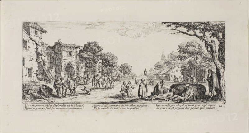 Dying Soldiers by the Roadside, plate sixteen from The Miseries of War, 1633, Jacques Callot (French, 1592-1635), published by Israël Henriet (French, 1590-1661), France, Etching on paper, 81 × 186 mm (plate), 120 × 225 mm (sheet), Dragon King, 11th/early 12th century, Japan, Wood with traces of pigment, H. 102.2 cm (40 1/4 in.)