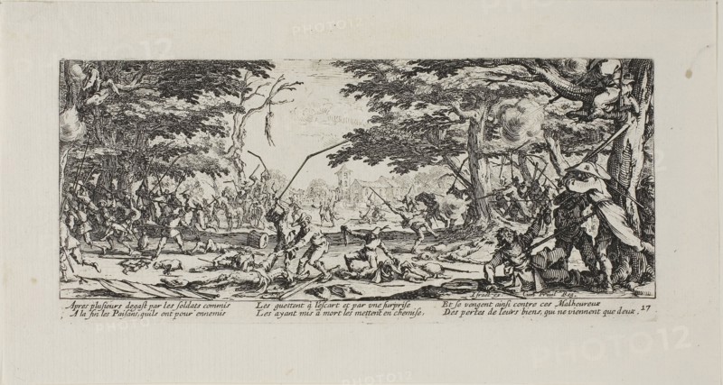 The Peasants Avenge Themselves, plate seventeen from The Miseries of War, 1633, Jacques Callot (French, 1592-1635), published by Israël Henriet (French, 1590-1661), France, Etching on paper, 82 × 187 mm (plate), 120 × 223 mm (sheet)