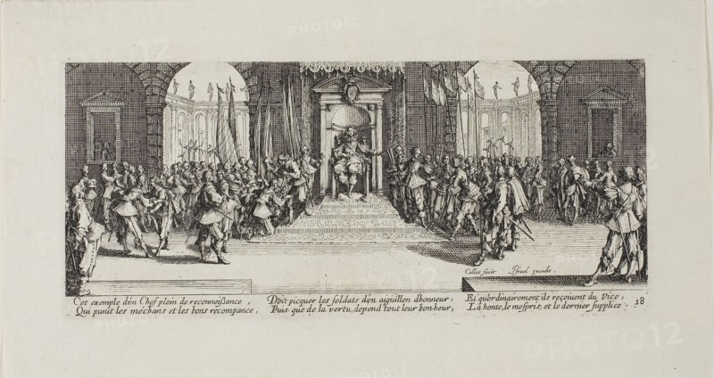 Distribution of Rewards, plate eighteen from The Miseries of War, 1633, Jacques Callot (French, 1592-1635), published by Israël Henriet (French, 1590-1661), France, Etching on paper, 82 × 188 mm (plate), 121 × 226 mm (sheet)