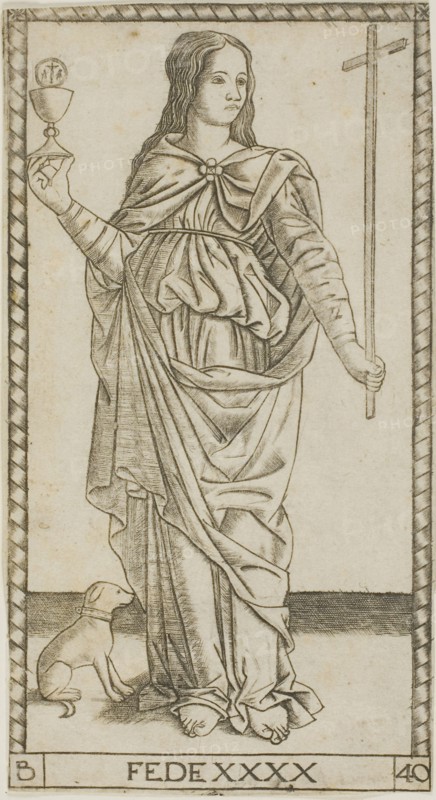 Faith, plate 40 from Genii and Virtues, 1470/80, Master of the S-Series Tarocchi, Italian, active c. 1470, Italy, Engraving in black on buff laid paper, 172 x 92 mm (image/plate), 173 x 94 (sheet)