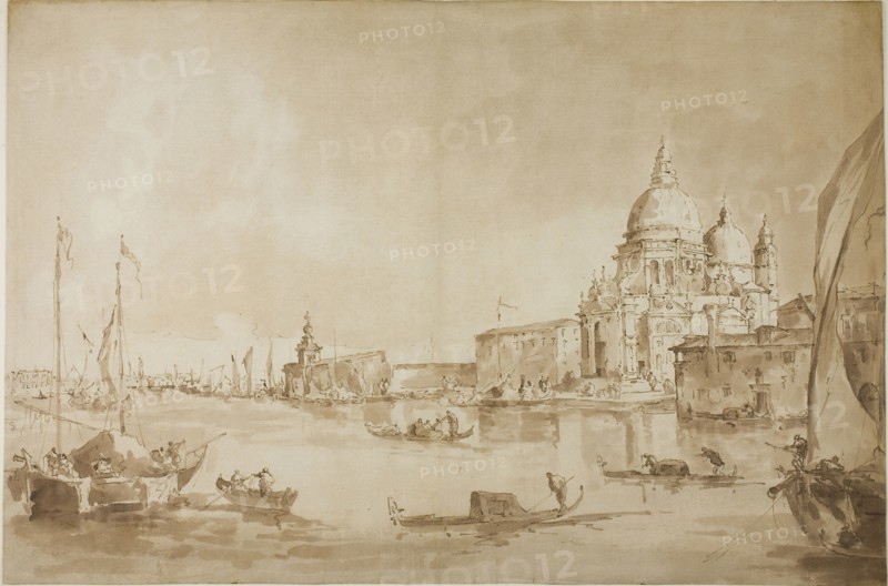 Bacino di San Marco with the Dogana del Mare and Santa Maria della Salute, c. 1793, Francesco Guardi, style of, Italian, 1712-1793, Italy, Pen and brown ink with brush and brown wash, over traces of graphite(?), on ivory laid paper, 430 x 646 mm