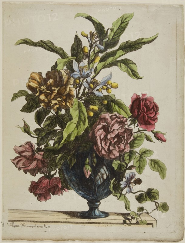 Vase of Flowers, 1660, Jean Baptiste Monnoyer, French, 1636-1699, France, Etching in black, with hand-coloring, on ivory paper, 280 × 216 mm (plate), 300 × 230 mm (sheet)