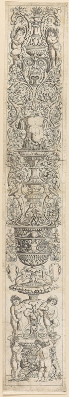 Four Children with a Cat and a Dog, plate nine from Twelve Ornament Panels, c. 1505–15, Giovanni Pietro da Birago, Italian, active 1470-1513, Italy, Engraving in black on ivory laid paper, 537 x 86 mm