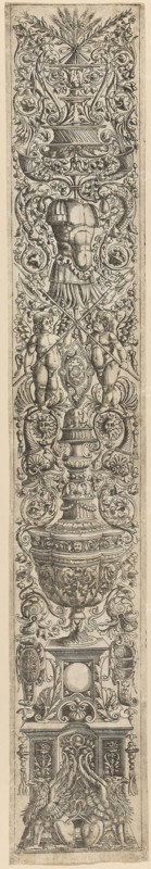 Griffins and Two Cupids Crossing Halberds, plate five of Twelve Ornament Panels, c. 1505–15, Giovanni Antonio da Brescia, Italian, c. 1460-1523, Italy, Engraving in black on grayish ivory laid paper, 534 x 86 mm