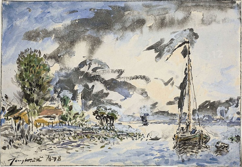 Fishing Boat, 1878, Johan Barthold Jongkind, Dutch, 1819-1891, Holland, Watercolor and gouache, with black chalk, on cream laid paper, 184 x 266 mm
