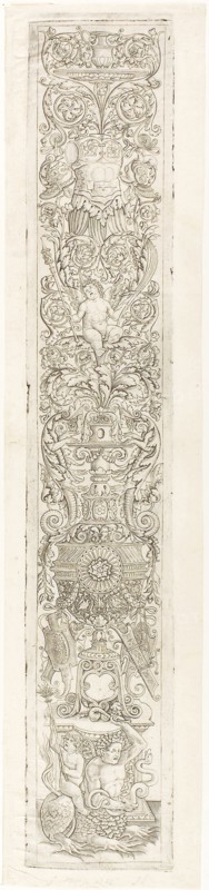 Triton Ridden by a Child, plate one of Twelve Ornament Panels, c. 1505–20, Giovanni Pietro da Birago, Italian, active 1470-1513, Italy, Engraving on cream laid paper, 533 x 92 mm (plate), 555 x 124 mm (sheet)