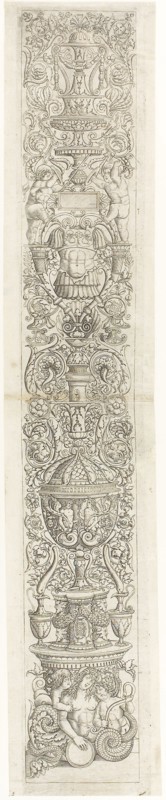 Nereid Ridden by Two Children, plate six of Twelve Ornament Panels, 1505/15, Giovanni Pietro da Birago, Italian, c. 1470-1513, Italy, Engraving on grayish ivory laid paper, 550 x 89 mm (plate), 552 x 106 mm (sheet)
