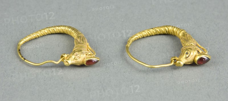 Pair of Earrings with Ibex Head Finials, 3rd century BC, Greek, Ancient Greece, Gold and garnet
