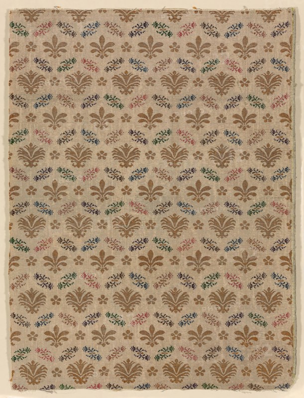Fragment, 17th century, France or Italy, Italy, Silk, gold and silver gilt strips wound around silk fiber core, plain weave with supplementary patterning and brocading weft tied in twill interlacing polychrome, 73 x 54.8 cm (28 3/4 x 21 1/2 in.)